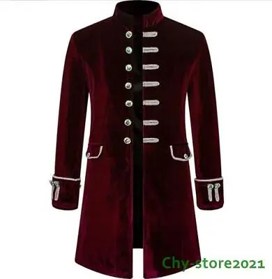 Mens Velvet Stand Collar Trench Coat Medieval Slim Fit Gothic Jacket Vintage • $45.36