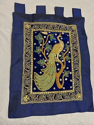 Vintage Plush 21x40” Tapestry Wall Hanging Peacock Gold Thread Sequins Velvet • $65