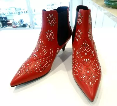 YSL Rare Cat Boot 50 Chelsea Bootie In Red Leather And Silver-Toned Metal  • $799