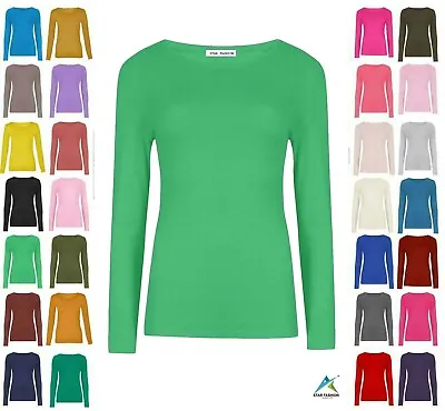 Ladies Plain Tshirt Womans Long Sleeve Scoop Neck T Shirt Top Plus Size Uk 8-26 • £5.99