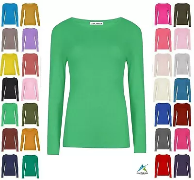 Ladies Plain Tshirt Womans Long Sleeve Scoop Neck T Shirt Top Plus Size Uk 8-26 • £5.05