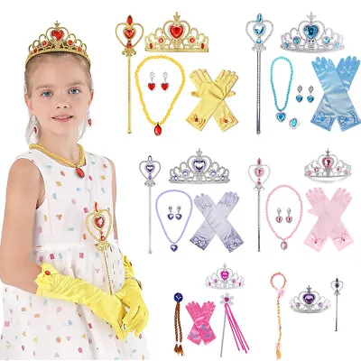 Elsa Belle Dress Up Accessories Set Princess Crown Wand Gloves Necklace Earrings • £7.99