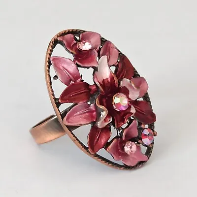 Vintage Ring Deep Pink Shades Enamel Floral Romantic Statement Aurora Borealis • $12