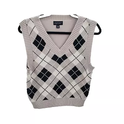 Say What Womens Cropped Argyle Sweater Vest Size Large V Neck Gray Black Cream • $18.88