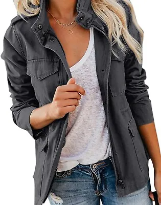 Womens Military Jacket Stand Up Collar Zip Up/Button Utility Parka GREY SMALL • $31.58