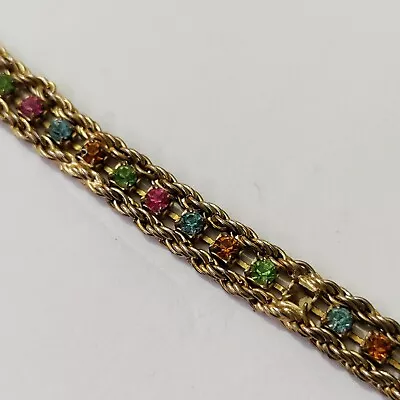 Vtg Yechang Rhinestone Gold Tone Bracelet Linked Tennis Style Multicolor  • $12