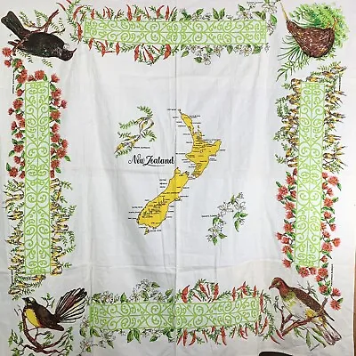 Vintage Tablecloth New Zealand Birds Map Floral Graphics 52x52 Kitchen Linens • $32.99