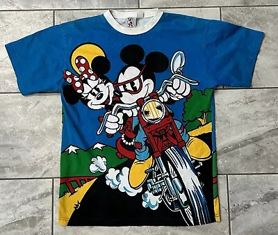 Vintage Disney Mickey Mouse All Over Print T-shirt Sz Large Motorcycle 90s AOP • $150