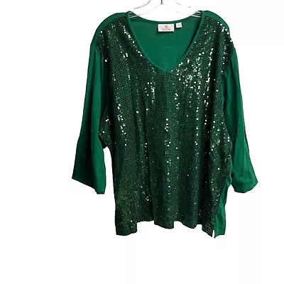 Quacker Factory Womens Green Sequin Shirt Plus Size 3X 3/4 Sleeve V Neck Cotton • $24.95