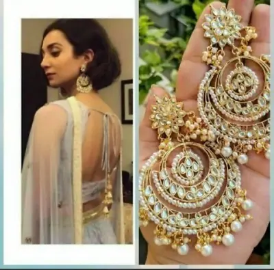 Indian Gold Plated Pearl Bollywood White Kundan Earrings Women Pakistani Jewelry • $24.35