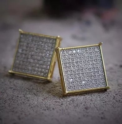 16mm Men Gold Plated Large Square Flat Screen Hip Hop Stud Screw Back Earrings • $17.99