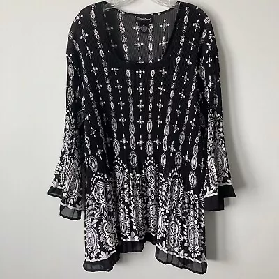 Catherines Tunic Top Maggie Barnes 5X Black White Geometric Lace Crinkle Blouse • $23.50