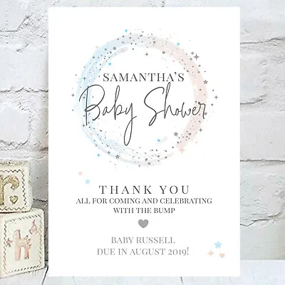 Personalised Baby Shower Welcome Sign In Grey Pink And/or Blue (BS50) • £4.75