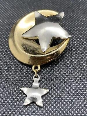 Vintage Brooch Crescent Moon Gold Tone Moon With Silver Star & Dangle Star Charm • $26.95