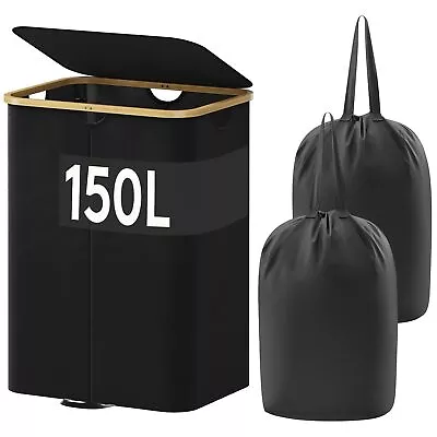 150L Double Laundry Hamper With Lid Large Laundry Basket With Bamboo Handles • $64.99