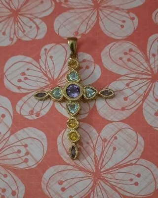 Sterling Silver Multi-Color Gem Stone Cross Pendant NEW • $34.99