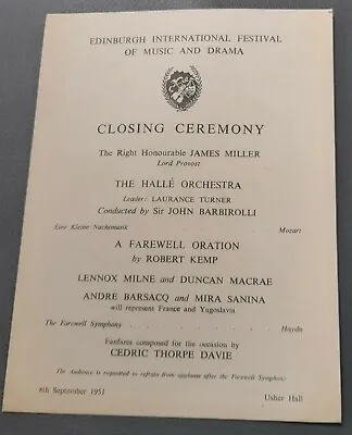 1951 Edinburgh Festival Closing Ceremony Programme Halle Orchestra Barbirolli • £3