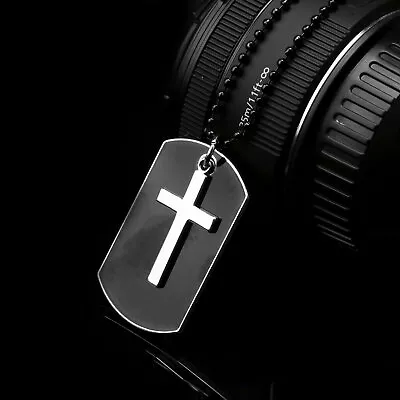 Men's Stainless Steel Black Cross Dog Tag Pendant Necklace W/Beaded Chain Gift • $8.25