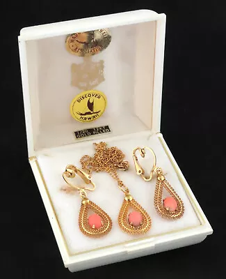 1960s HAWAII VINTAGE RED CORAL 1/20 12K GF PENDANT & EARRINGS SET In ALSTEIN BOX • $29.99