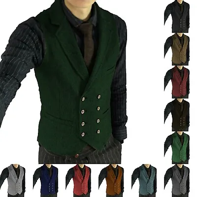 Mens Tweed Waistcoat Vests Vintage Double Breasted Herringbone Retro Vests • $32.98