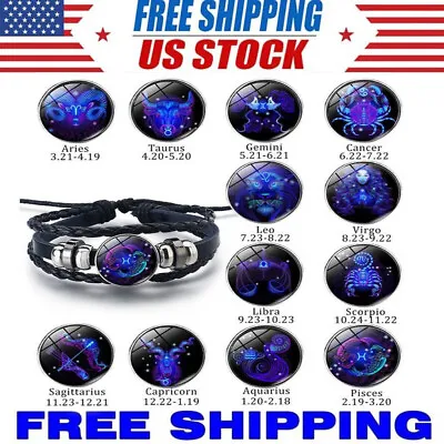 12 Constellation Zodiac Sign Luminous Bracelet Braided Unisex Leather Jewellery • $7.18