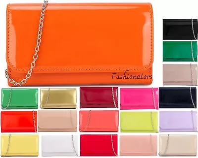 Women's Plain Patent Leather Clutch Bag Evening Party Fashion Shoulder Handbags • £11.99