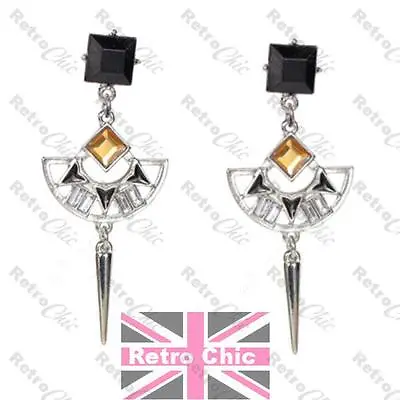 ART DECO Silver/gold Fashion CHANDELIER EARRINGS Black/amber SPIKE DROP Aztec • £3.99