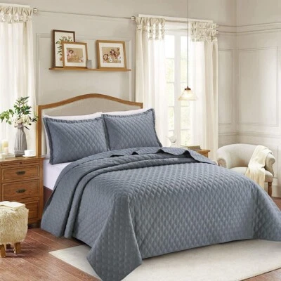 £19.99 • Buy Prime Linens Super King Size Bedding Set - Grey Quilted Bedspread Throw