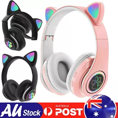 Cute LED Cat Ear Gaming Mic Bluetooth Headphones Wireless Headset Helmet • $18.89