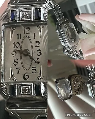 1920’s Ladies Art Deco 14K Sapphire & Diamond Gothic Watch ~Linked Band • $299.99