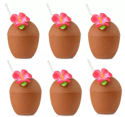 6 Plastic Coconut Cups & Paper Straws - Party Tableware Hawaiian BBQ Luau Flower • £14.99