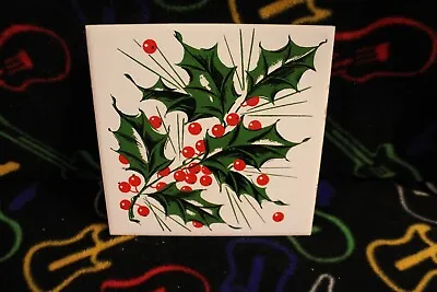 WALL Tile PORCELAIN Ceramic ART Christmas Holly & Berries JAPAN 6  X 6 Vintage • $9.99