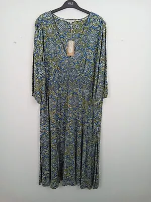 Fat Face Dress Blue Yellow Print V Neck Shirred Waist Midi RRP £69 BNWT F2 • £24.99