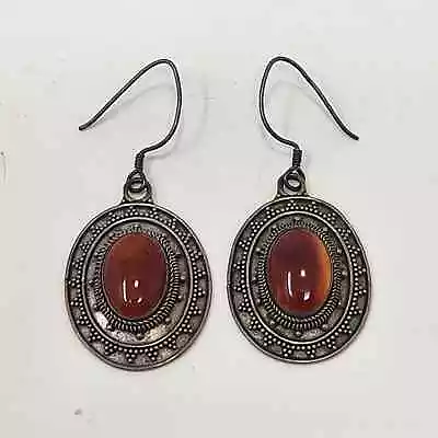 Sterling Silver 925 Carnelian Oval Cabochon Dangle Hook Earrings Southwestern • $24.99