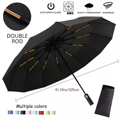 24 Ribs Large Umbrella Strong Automatic Open Close Travel Folding Rain Windproof • £10.79