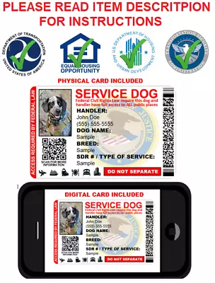 $10.99 • Buy Customizable Custom Service Dog  Id Card - Physical & Digital Card 