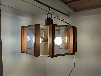 VTG Fredrick Ramond Glass Teak Wood & Brushed Brass Frame 6-Light Chandelier • $285