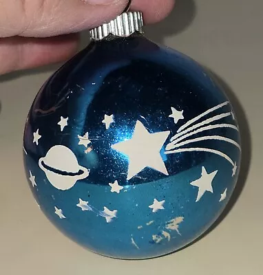 Vintage SHINY BRITE Mercury Blue Moon & Stars Stencil Ornament Made In USA • $18