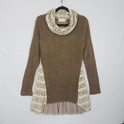 A'reve Boho Tunic Dress M Layered Knit Lace Ruffles Cowl Neck Bohemian Hippie • $13