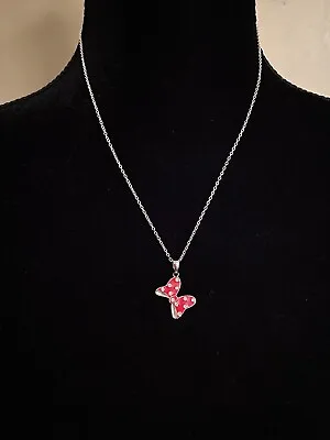 Disney Red Enamel Rhinestone Minnie Mouse Bow Pendant Silver Necklace 18  • $6