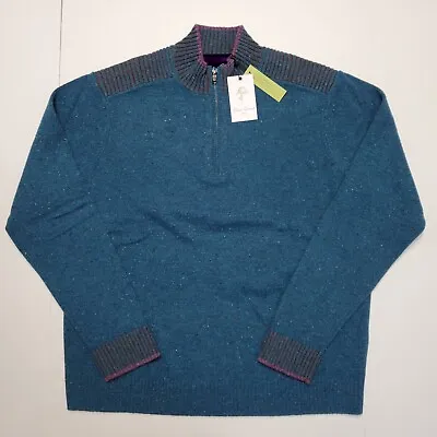 $248 New ROBERT GRAHAM Terzo Men XL Speckled Teal Blue Wool Quarter Zip Sweater • $80