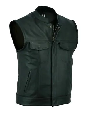 Mens Motorcycle SOA Real Leather Full Grain Cut Off Waistcoat Biker Vest • £39.95