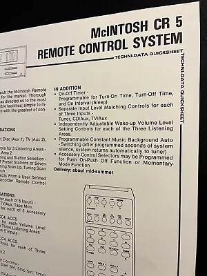 Mcintosh Cr5 Remote Control System Techni-data Original Quicksheet Jo1302 • $19.99