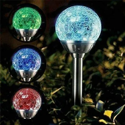 Solar Powered Stainless Steel Colour Changing LED Crackle Ball Garden Lights • £18.95