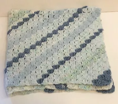 $13.56 • Buy Hand Crochet Baby Afghan Blue Multi Color Handmade Soft Blanket Boy Girl 30 X 30
