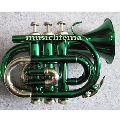 Funion Bb Pocket Trumpet Set B Flat Green Finish Case 7C Mouthpiece Gold Lacquer • $99.90