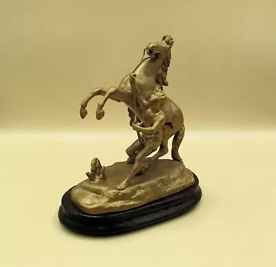 Vintage Cast Spelter Metal Rearing Horse And Boy Figurine Statue Wooden Base • $95