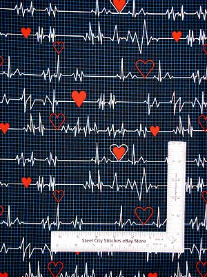 Cardiac Nurse Heartbeat Fabric EKG Dr Medical Heart Rhythm Cotton Windham Yard • $10.98