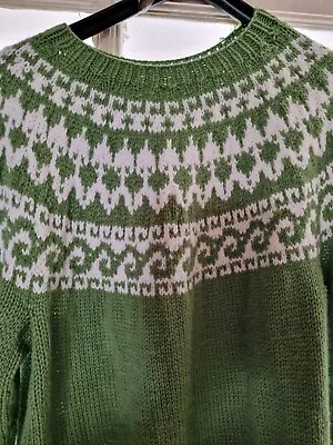 Scottish Hand Knitted Aran   Green And White Lopi Jumper Chest Up To 40 Inch XL • £70