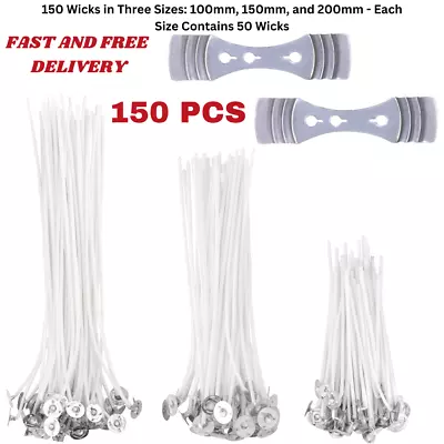 150PCS PRE WAXED CANDLE WICKS With Sustainers Long Tabbed For Candle Making 20cm • £3.98